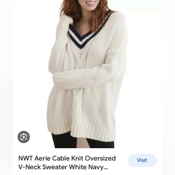 Aerie Fuzzy Soft Oversized Varsity V Neck Sweater American Eagle Outfitter Zara - Picture 2 of 16